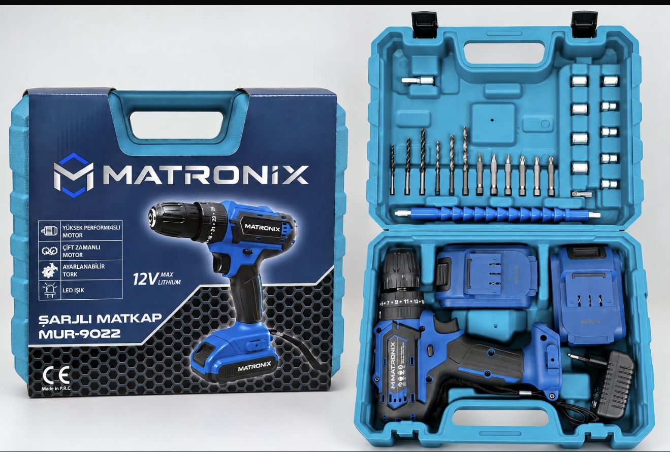 MATRONIX MUR-9022 şarjlı matkap, iki akü, uçlar ve şarj cihazının taşıma çantasındaki görünümü